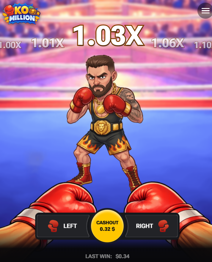 KO Million na mobilu s tlačítky Left, Right a Cashout