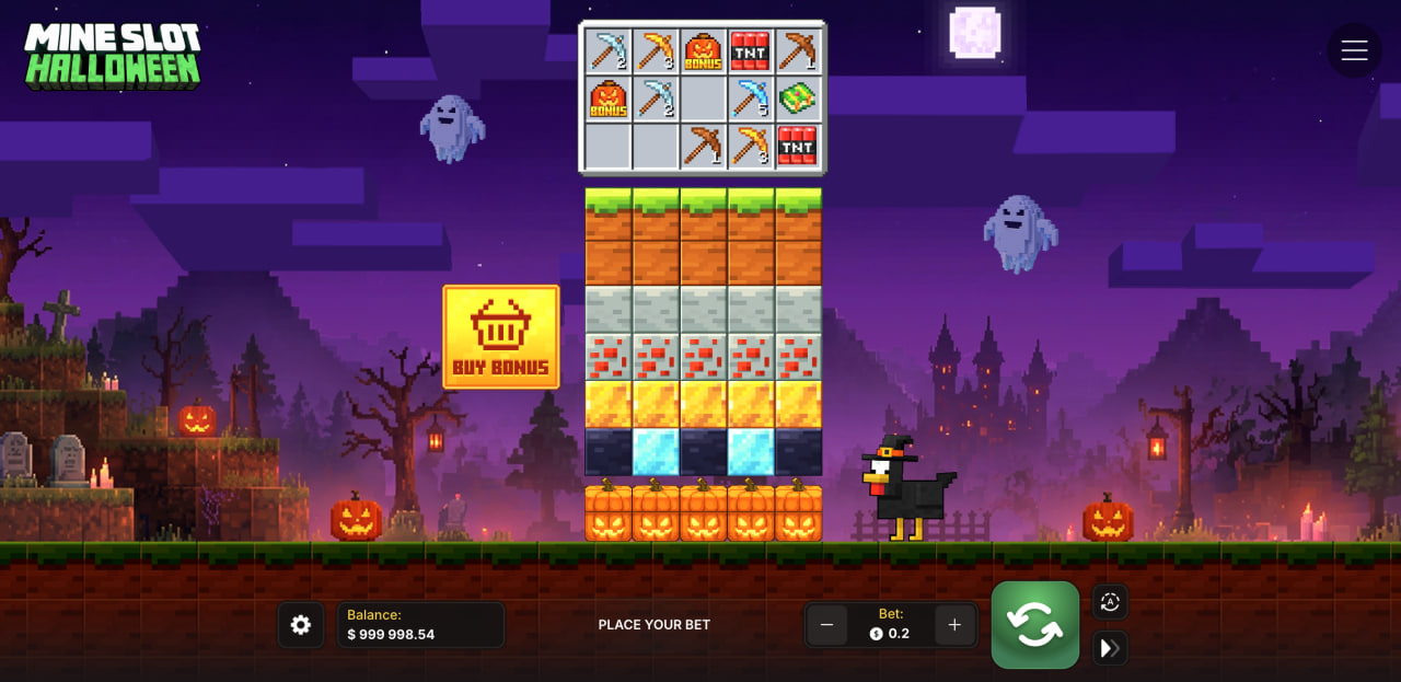 Hlavní obrazovka Mine Slot Halloween se sloupci bloků, lištou nástrojů a tlačítkem Buy Bonus