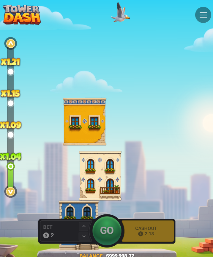 Tower Dash na mobilu na výšku s tlačítky Go a Cashout