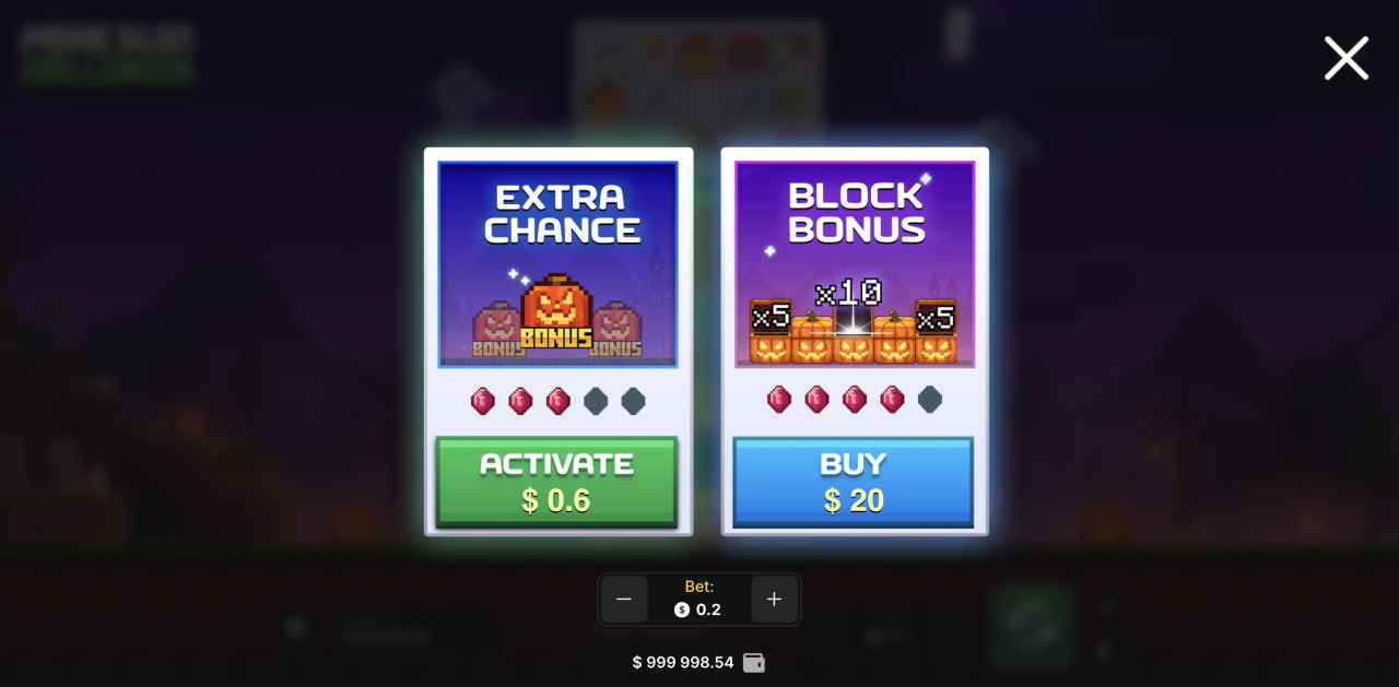 Okno s funkcemi Extra Chance a Block Bonus v Mine Slot Halloween na počítači