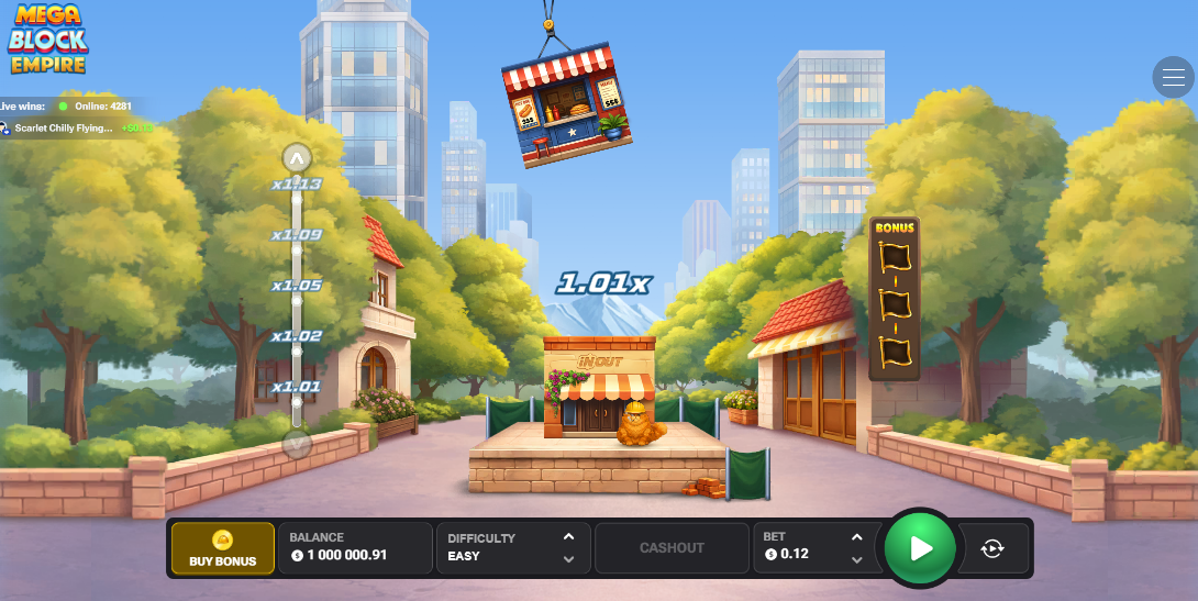 Jeřáb a multiplikátor na herní obrazovce MegaBlock Empire