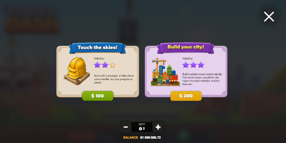Bonus Buy Tower Dash s možnostmi Touch the skies a Build your city