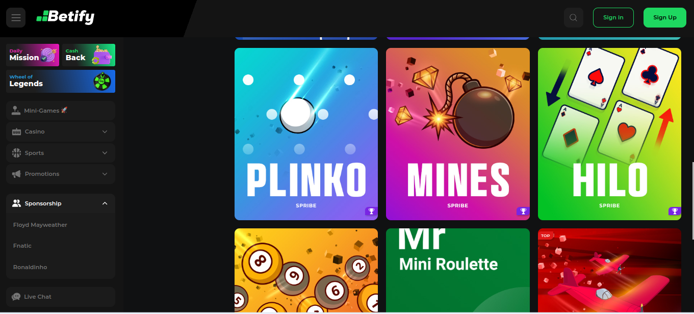 Sekce minihier v Betify s hrami Plinko, Mines a Hilo