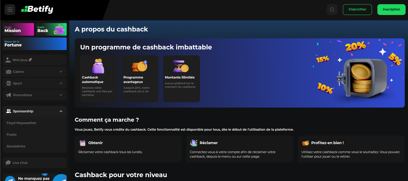 Stránka týdenního cashbacku v Betify