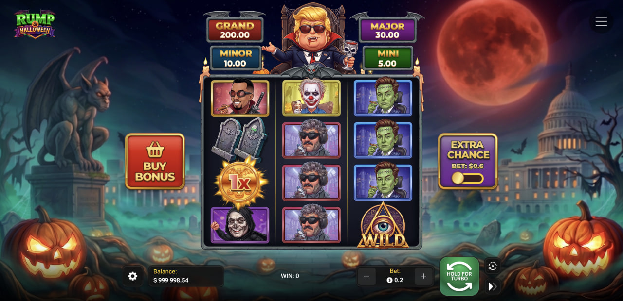 Rump & Halloween s mřížkou, čtyřmi jackpoty a ovládáním Buy Bonus a Extra Chance