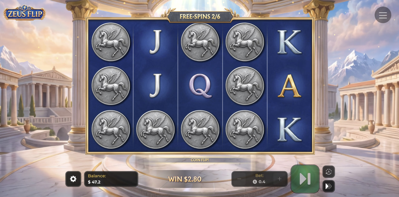 Free spiny Zeus Flip s mincemi Pegase během Coin Flip na válcích