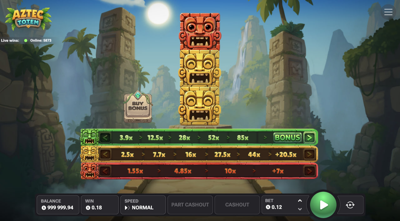 Aztec Totem na desktopu s totemem a řadami násobičů na třech cestách